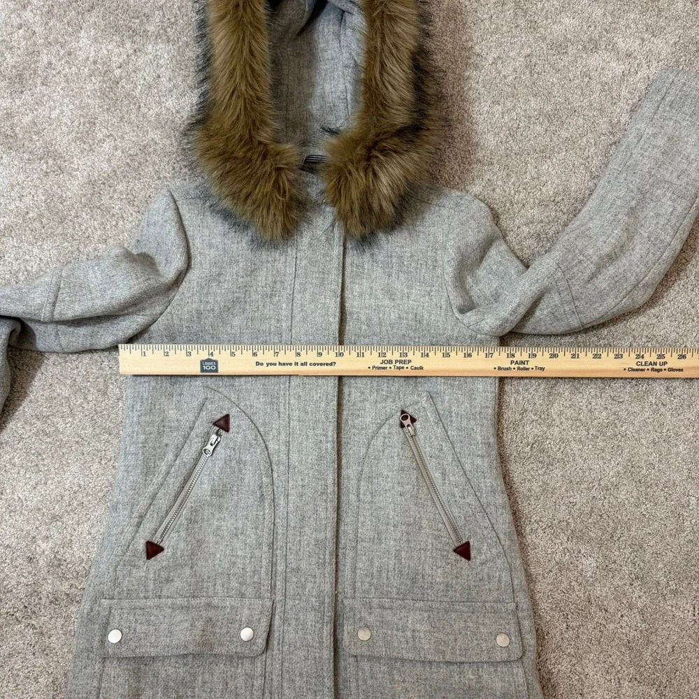 J.Crew Chateau Parka Italian Stadium-Cloth Wool Grey‎ Faux Fur Hood Coat Size 0 - Picture 6 of 11